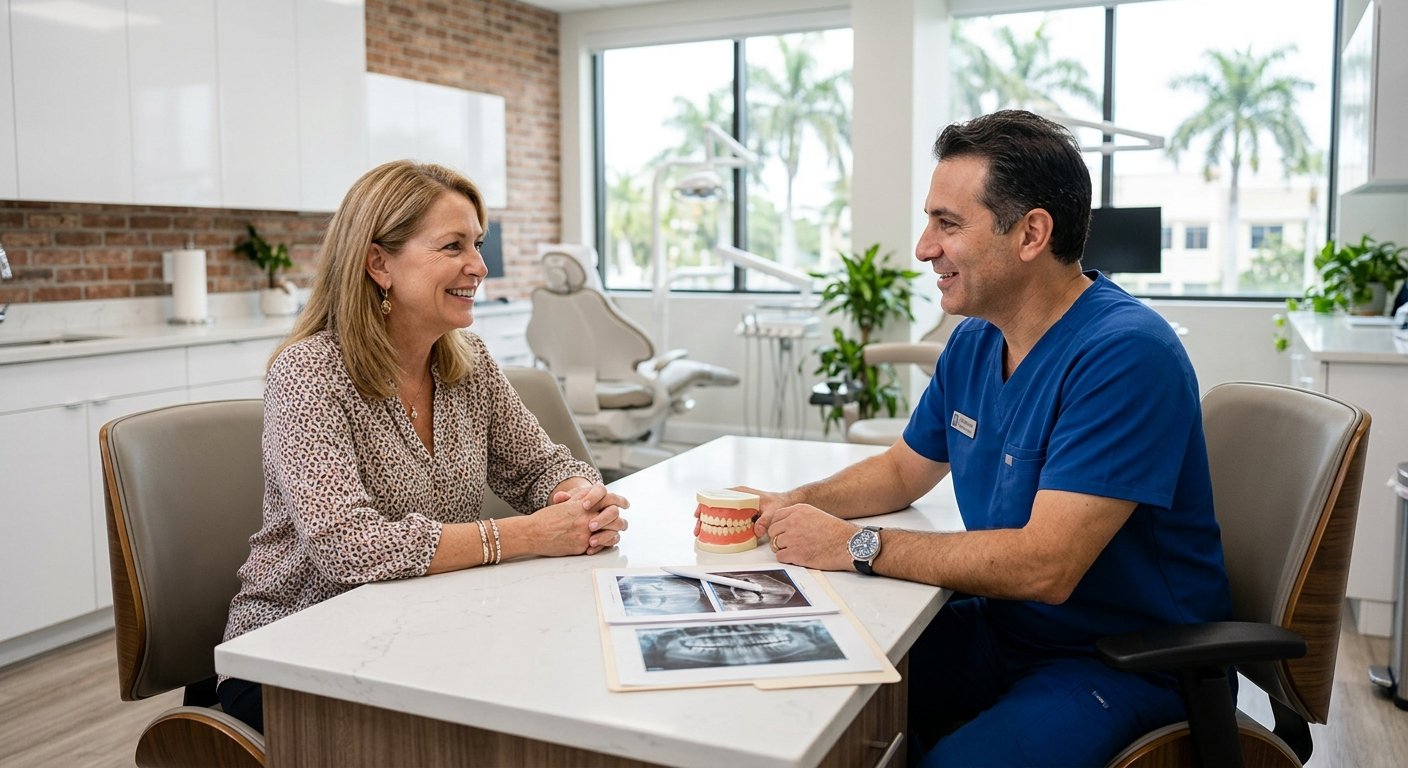 Woman in her 50s consulting with a dentist at a desk in a bright modern dental office with X-rays and a dental model visible
