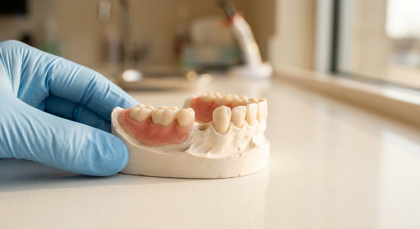 Gloved hand holding a dental stone cast showing a gap where a tooth is missing, warm afternoon light, shallow focus