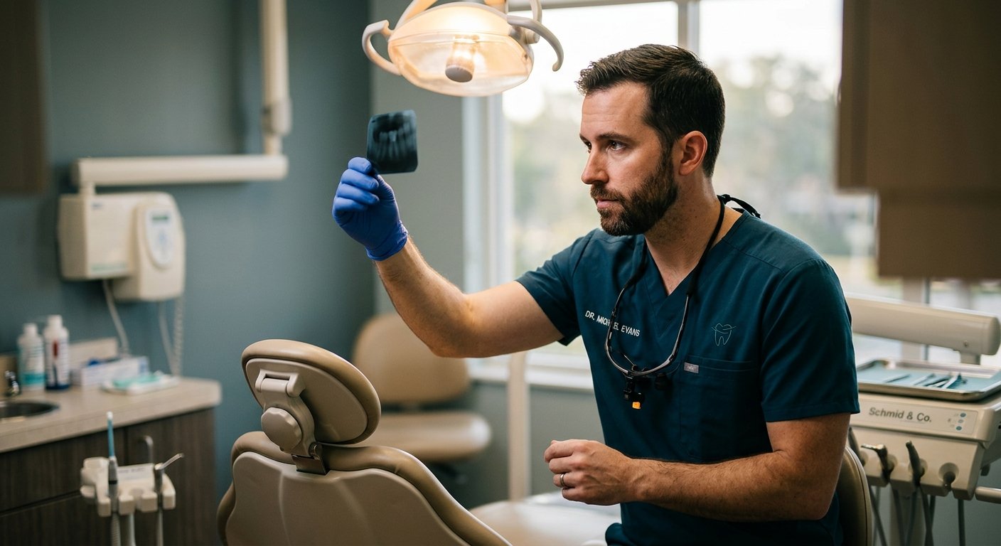 Dentist in scrubs holds a dental X-ray up to the light in a treatment room, examining it closely with focused expression.