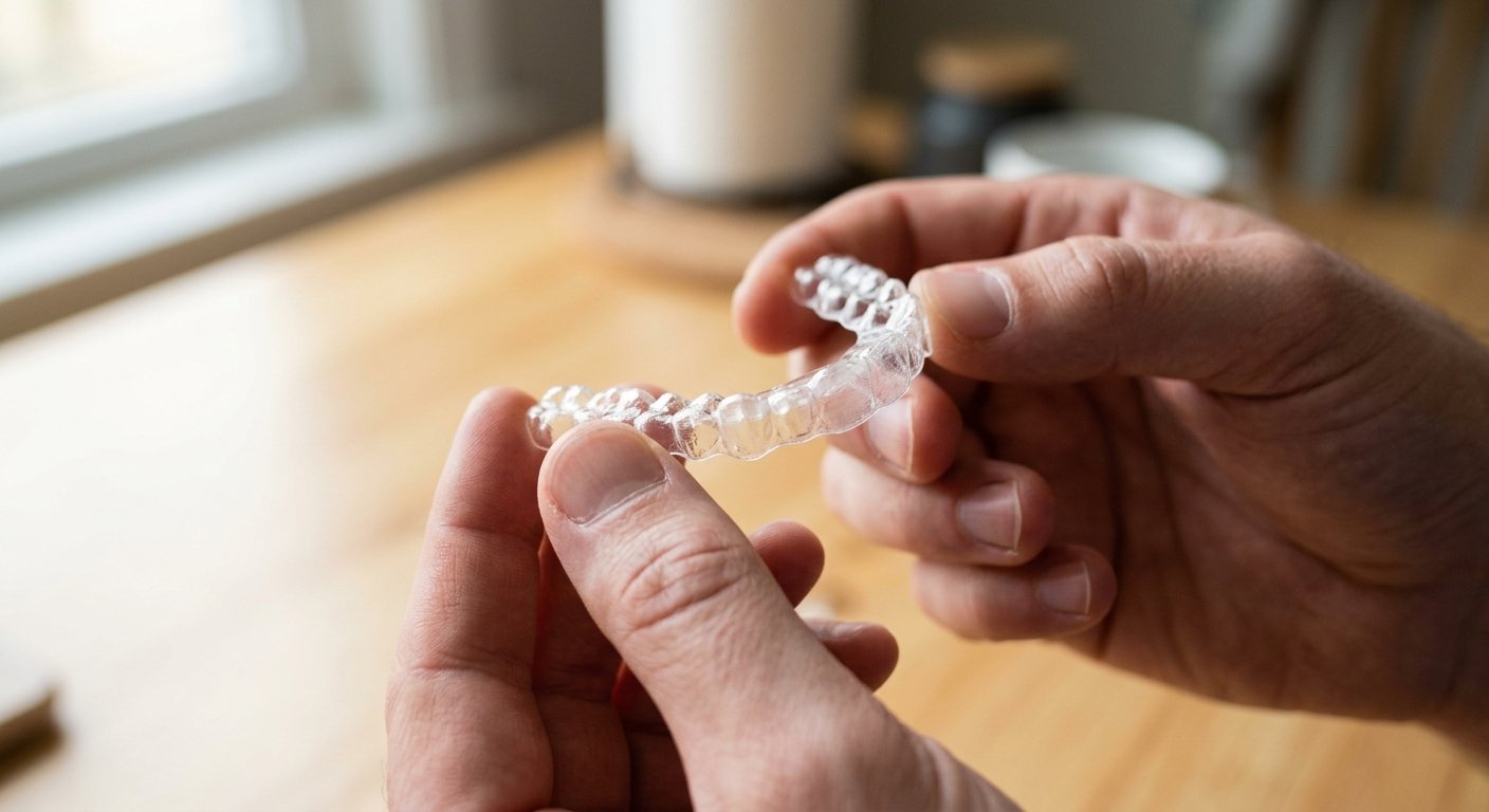 Close-up of male hands holding a clear removable aligner tray, showing its smooth, molded plastic form in natural light