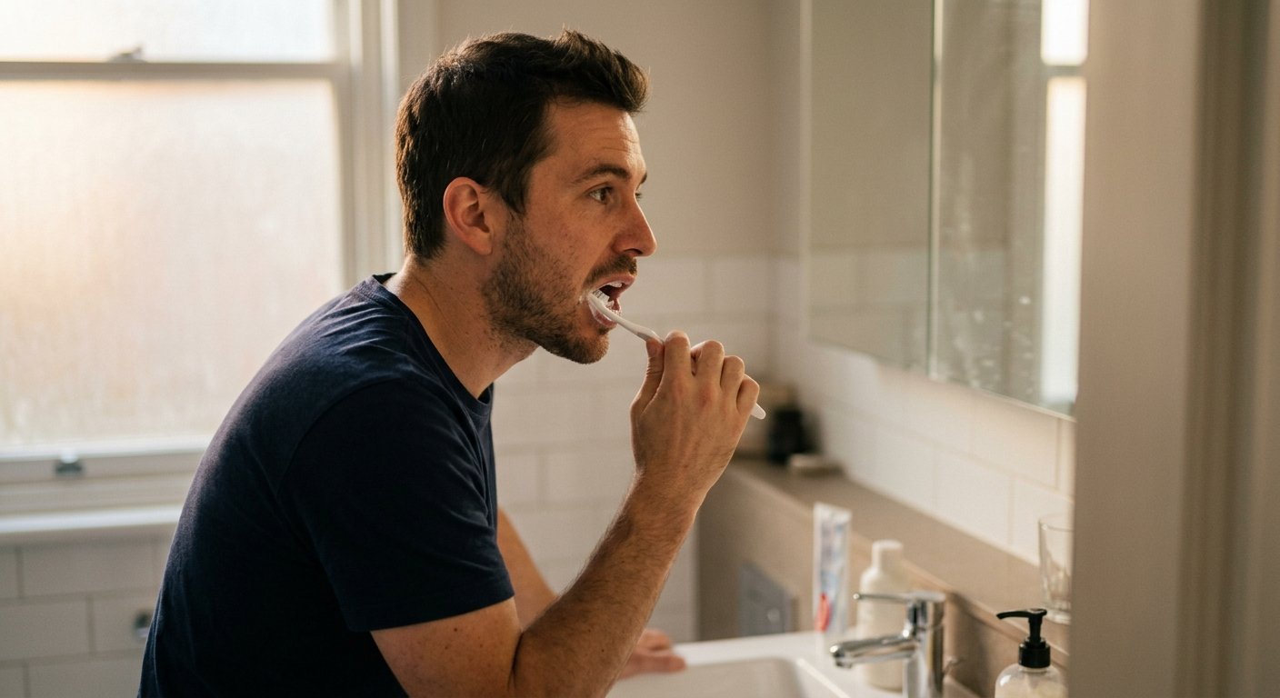 Young man brushing teeth carefully at a bathroom sink in warm morning light, three-quarter candid view