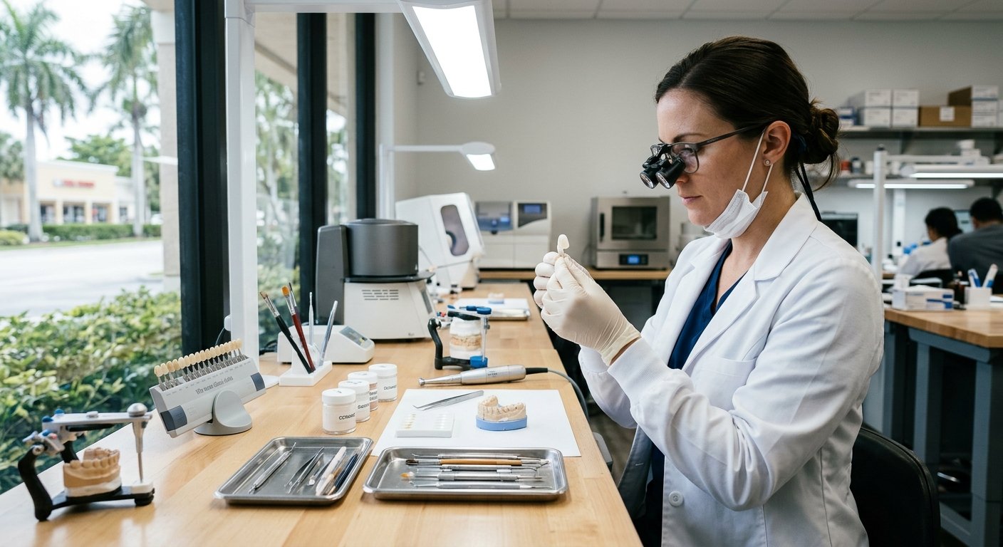 Dental technician in a lab coat examining a porcelain veneer under magnification at a professional dental laboratory workbenc