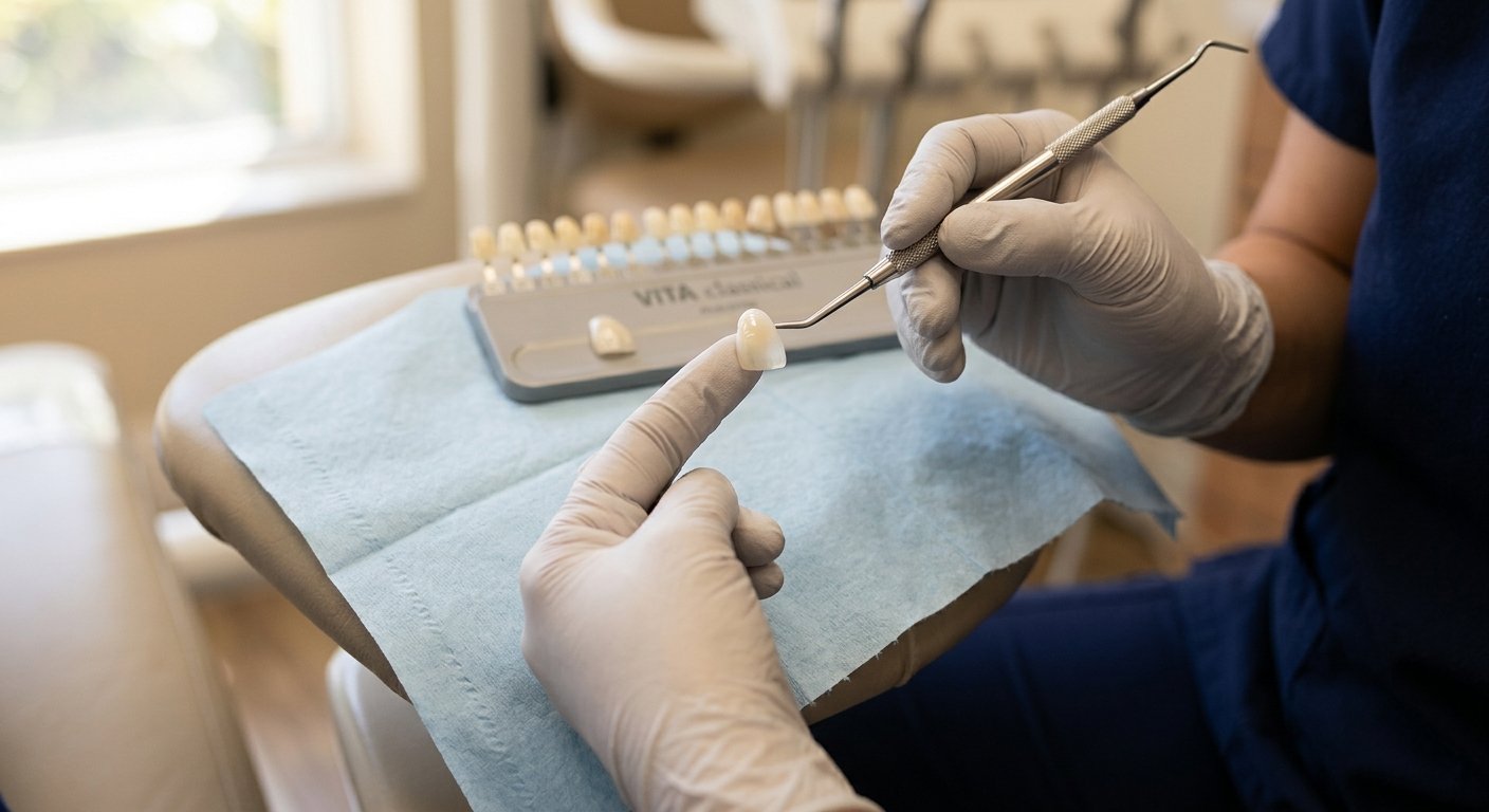 Gloved hands holding a thin porcelain veneer with a dental instrument above a blue cloth, shade guide blurred in background